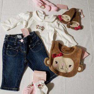 Gymboree Mischievous Monkey NWT 0-3 Month Jeans, bodysuit, bib, headband, socks